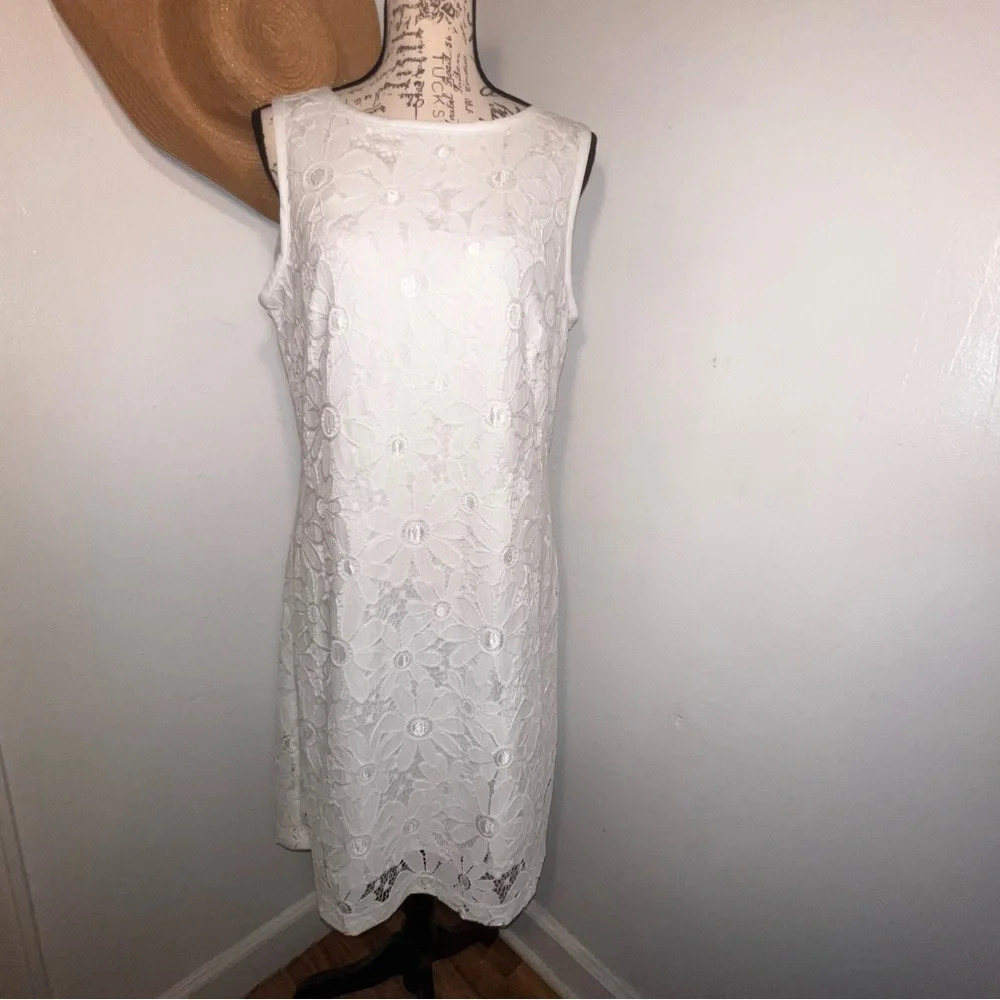 Pappagallo12 NEW White Eyelet Lace‎ Metallic Embroidery Lined Sheer Sheath Dress
